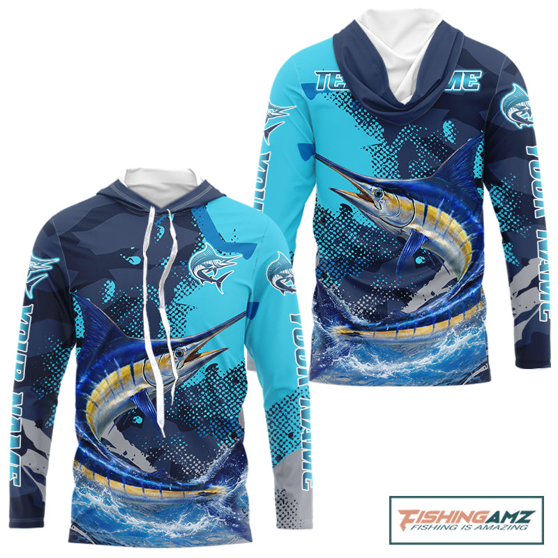 Marlin Fishing Blue Camo Custom Name Long Sleeve, Long Sleeve Hooded Fishing Shirt NHT453