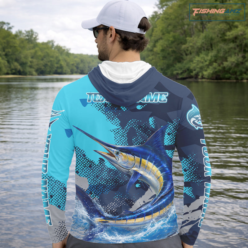 Marlin Fishing Blue Camo Custom Name Long Sleeve, Long Sleeve Hooded Fishing Shirt NHT453