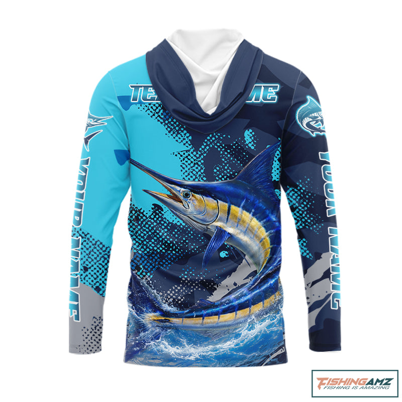 Marlin Fishing Blue Camo Custom Name Long Sleeve, Long Sleeve Hooded Fishing Shirt NHT453