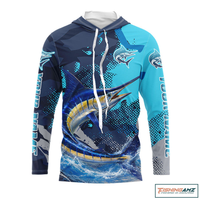 Marlin Fishing Blue Camo Custom Name Long Sleeve, Long Sleeve Hooded Fishing Shirt NHT453