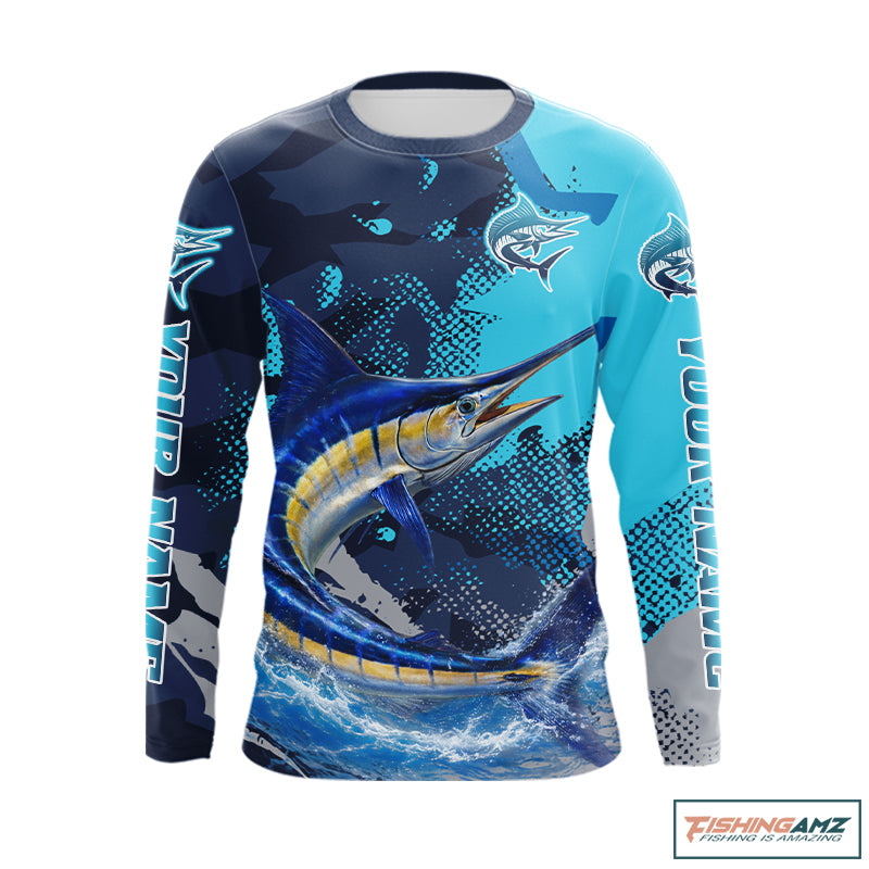 Marlin Fishing Blue Camo Custom Name Long Sleeve, Long Sleeve Hooded Fishing Shirt NHT453
