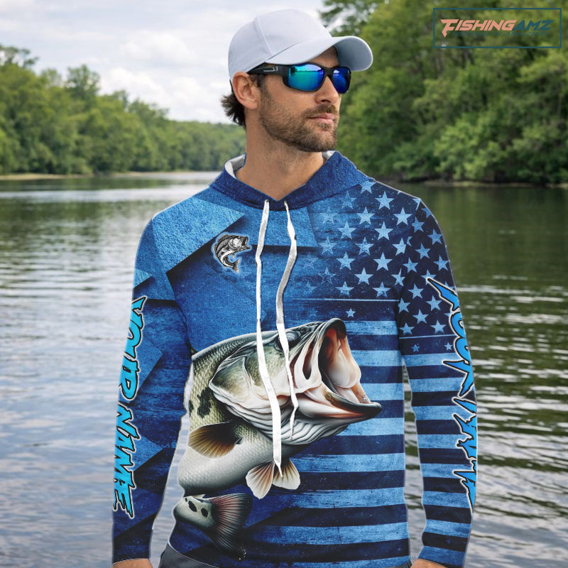 Bass Fishing Shirts Long Sleeve Hooded With American Flag, Personalized Bass Fishing Gift For Father Days NHT680