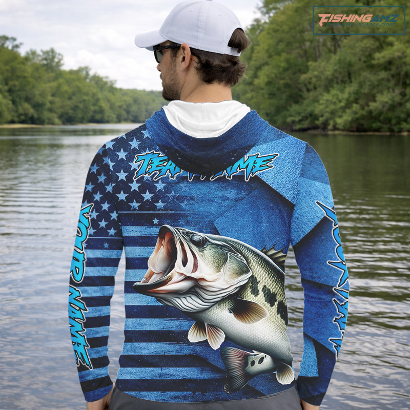 Bass Fishing Shirts Long Sleeve Hooded With American Flag, Personalized Bass Fishing Gift For Father Days NHT680