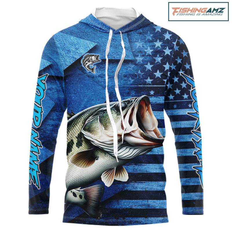 Bass Fishing Shirts Long Sleeve Hooded With American Flag, Personalized Bass Fishing Gift For Father Days NHT680