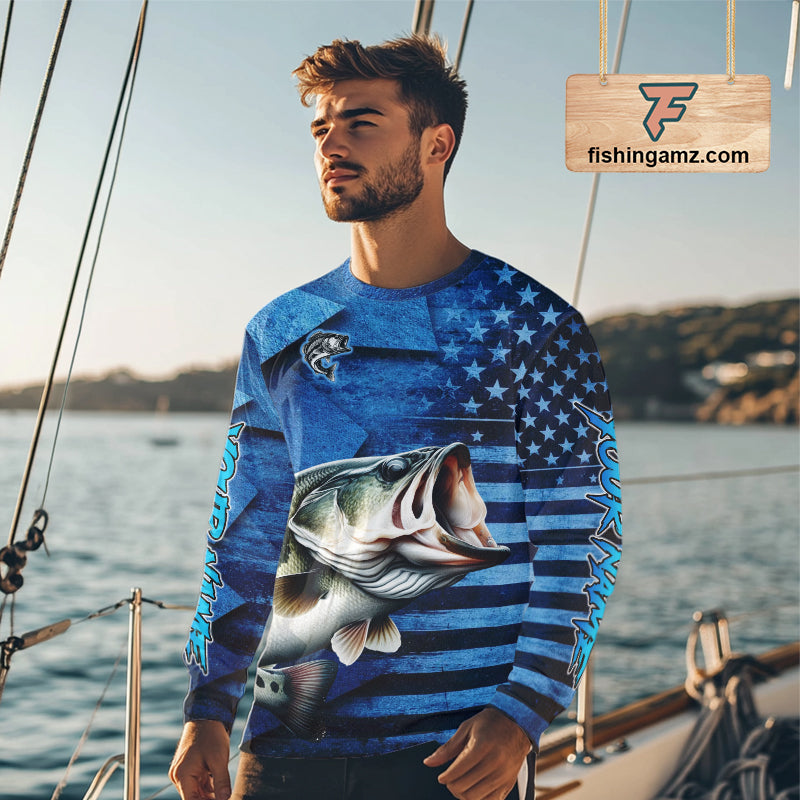 Bass Fishing Shirts Long Sleeve With American Flag, Personalized Bass Fishing Gift For Father Days NHT680