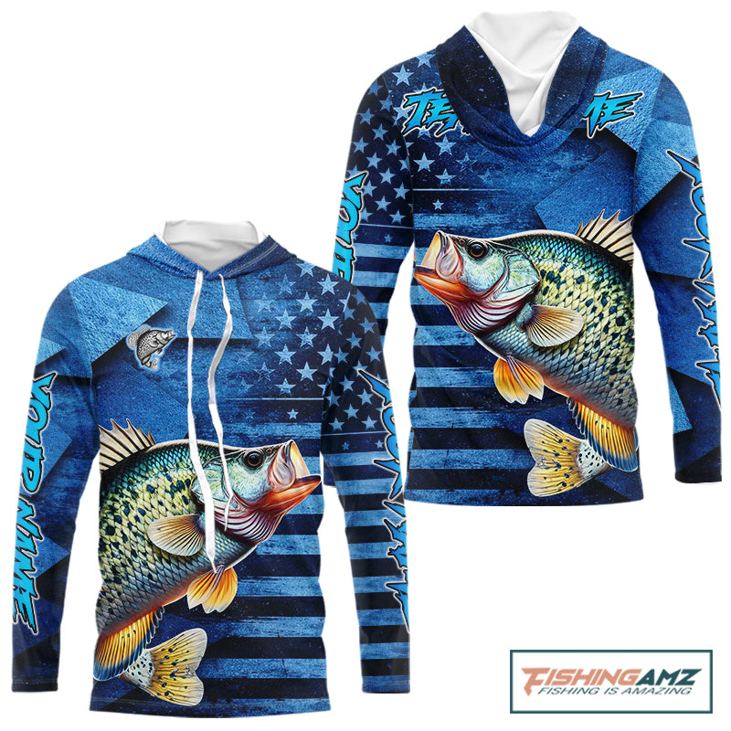 Crappie Fishing Shirts Long Sleeve Hooded With American Flag, Personalized Crappie Fishing Gift For Father Days NHT681