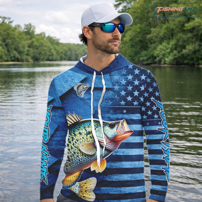 Crappie Fishing Shirts Long Sleeve Hooded With American Flag, Personalized Crappie Fishing Gift For Father Days NHT681