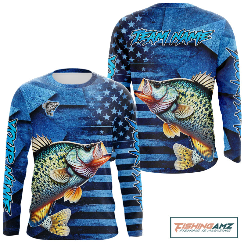 Crappie Fishing Shirts Long Sleeve With American Flag, Personalized Crappie Fishing Gift For Father Days NHT681