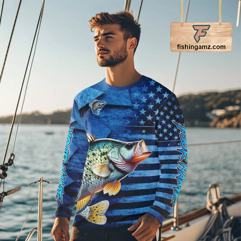 Crappie Fishing Shirts Long Sleeve With American Flag, Personalized Crappie Fishing Gift For Father Days NHT681