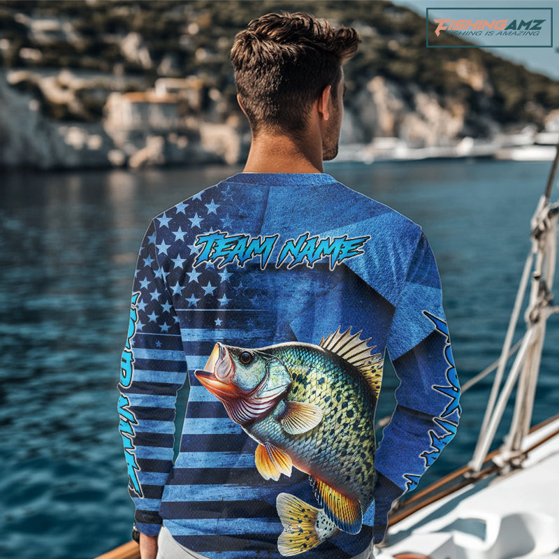 Crappie Fishing Shirts Long Sleeve With American Flag, Personalized Crappie Fishing Gift For Father Days NHT681