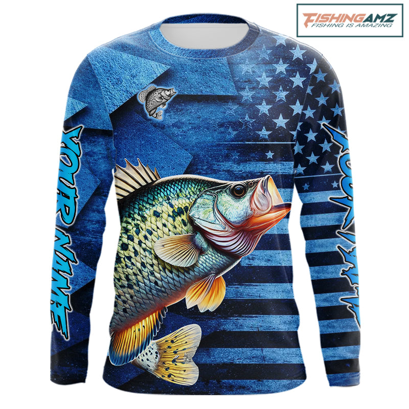 Crappie Fishing Shirts Long Sleeve With American Flag, Personalized Crappie Fishing Gift For Father Days NHT681