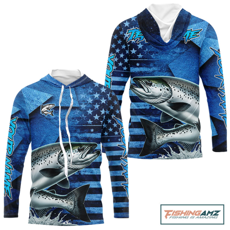 Chinook Salmon Fishing Shirts Long Sleeve Hooded With American Flag, Personalized Salmon Fishing Gift For Father Days NHT682
