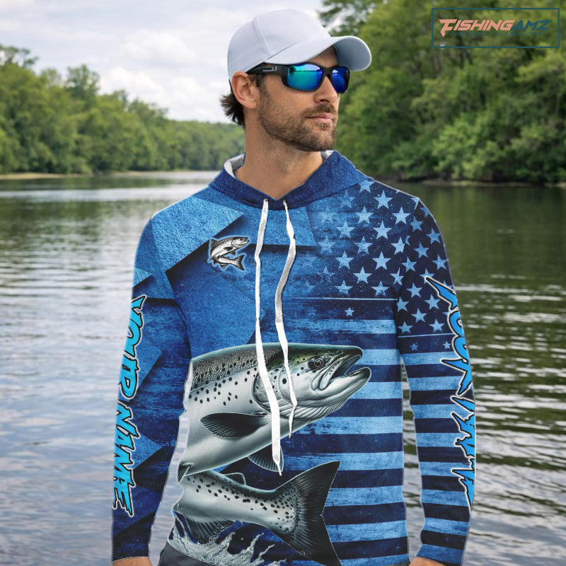 Chinook Salmon Fishing Shirts Long Sleeve Hooded With American Flag, Personalized Salmon Fishing Gift For Father Days NHT682