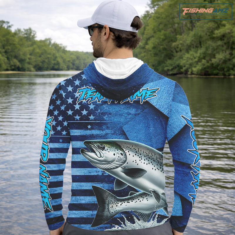Chinook Salmon Fishing Shirts Long Sleeve Hooded With American Flag, Personalized Salmon Fishing Gift For Father Days NHT682