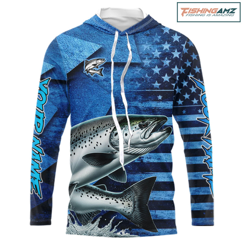 Chinook Salmon Fishing Shirts Long Sleeve Hooded With American Flag, Personalized Salmon Fishing Gift For Father Days NHT682