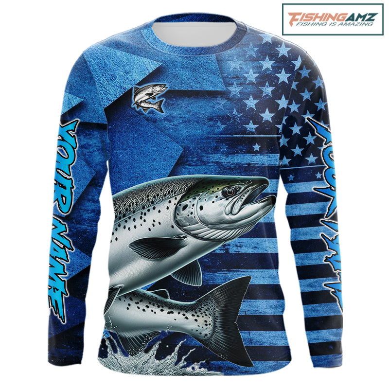 Chinook Salmon Fishing Shirts Long Sleeve With American Flag, Personalized Salmon Fishing Gift For Father Days NHT682