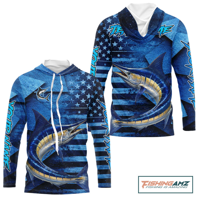 Marlin Fishing Shirts Long Sleeve Hooded With American Flag, Personalized Marlin Fishing Gift For Father Days NHT683