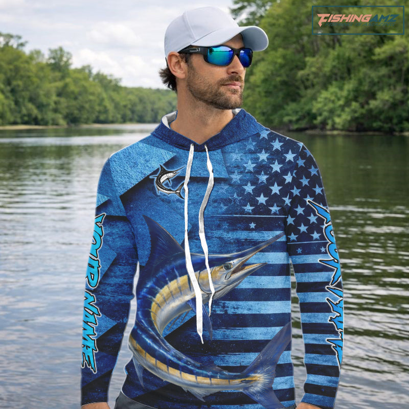 Marlin Fishing Shirts Long Sleeve Hooded With American Flag, Personalized Marlin Fishing Gift For Father Days NHT683