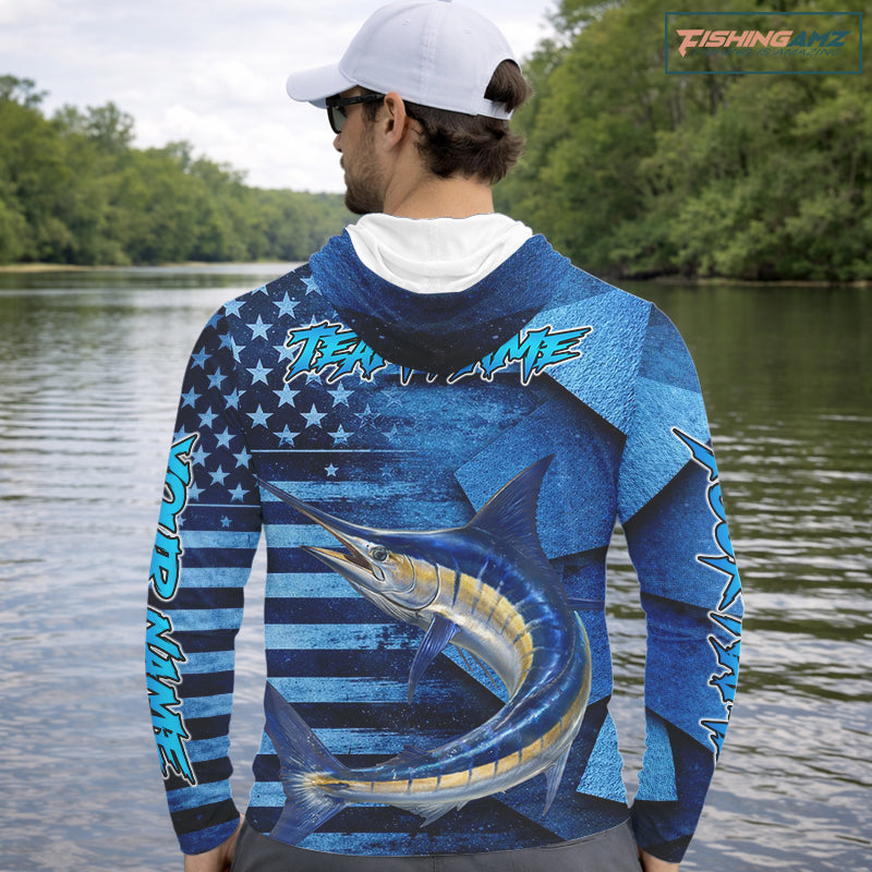 Marlin Fishing Shirts Long Sleeve Hooded With American Flag, Personalized Marlin Fishing Gift For Father Days NHT683