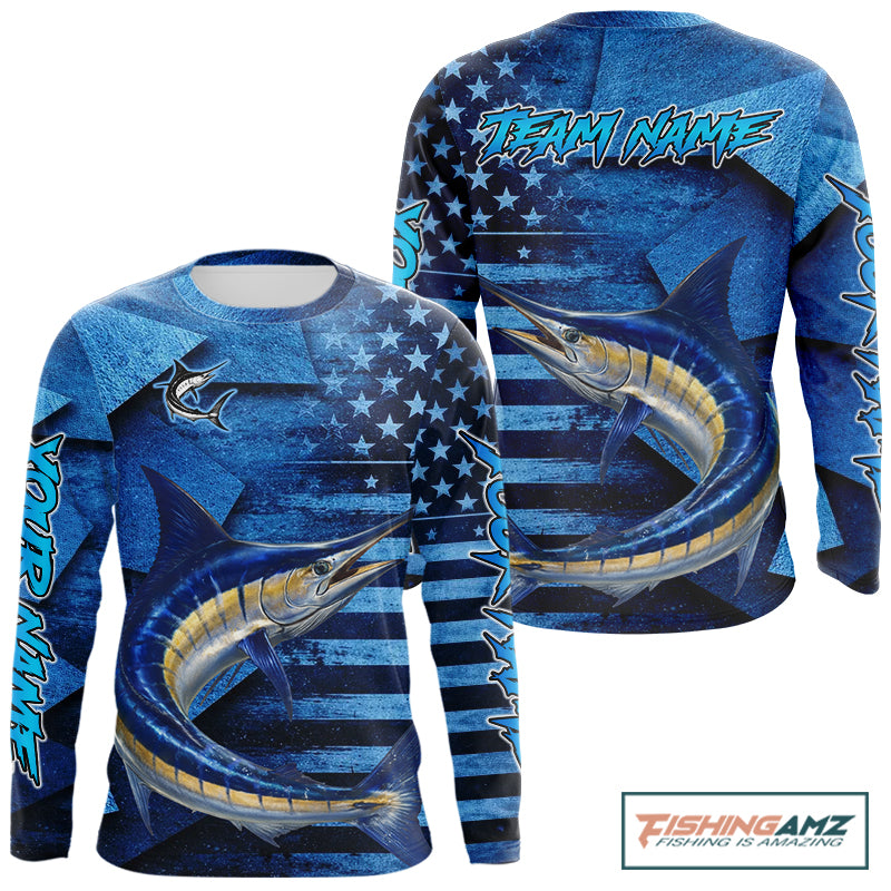 Marlin Fishing Shirts Long Sleeve With American Flag, Personalized Marlin Fishing Gift For Father Days NHT683