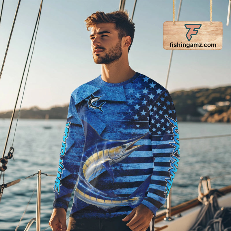 Marlin Fishing Shirts Long Sleeve With American Flag, Personalized Marlin Fishing Gift For Father Days NHT683