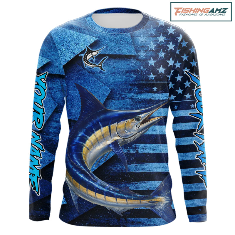Marlin Fishing Shirts Long Sleeve With American Flag, Personalized Marlin Fishing Gift For Father Days NHT683