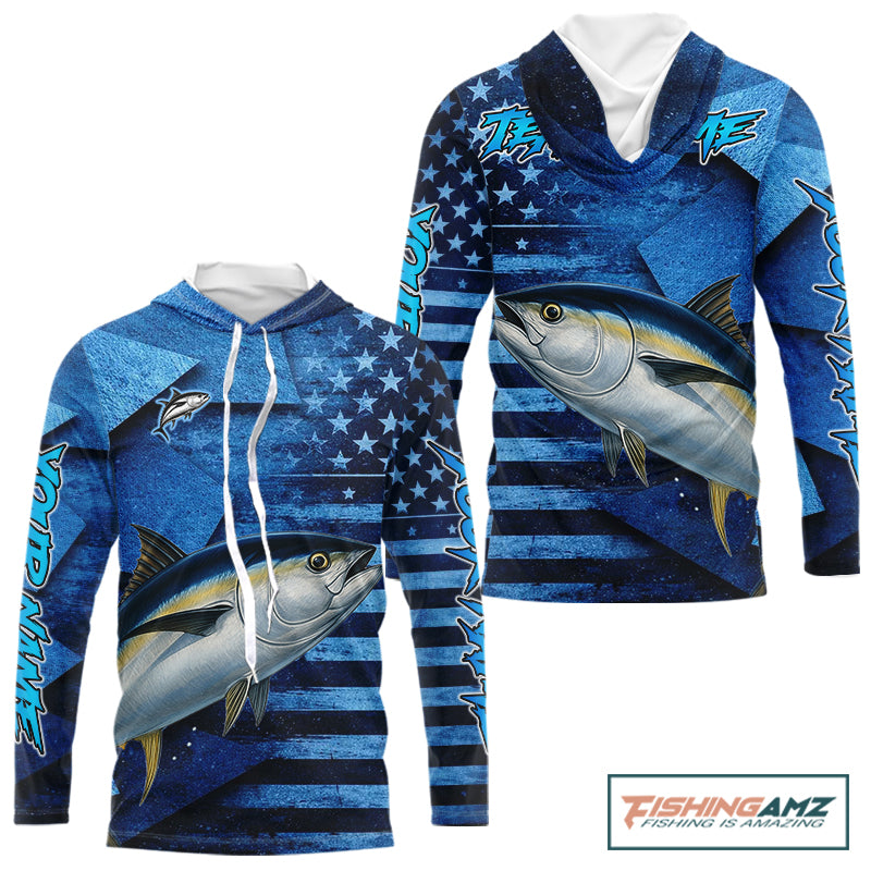 Tuna Fishing Shirts Long Sleeve Hooded With American Flag, Personalized Tuna Fishing Gift For Father Days NHT684