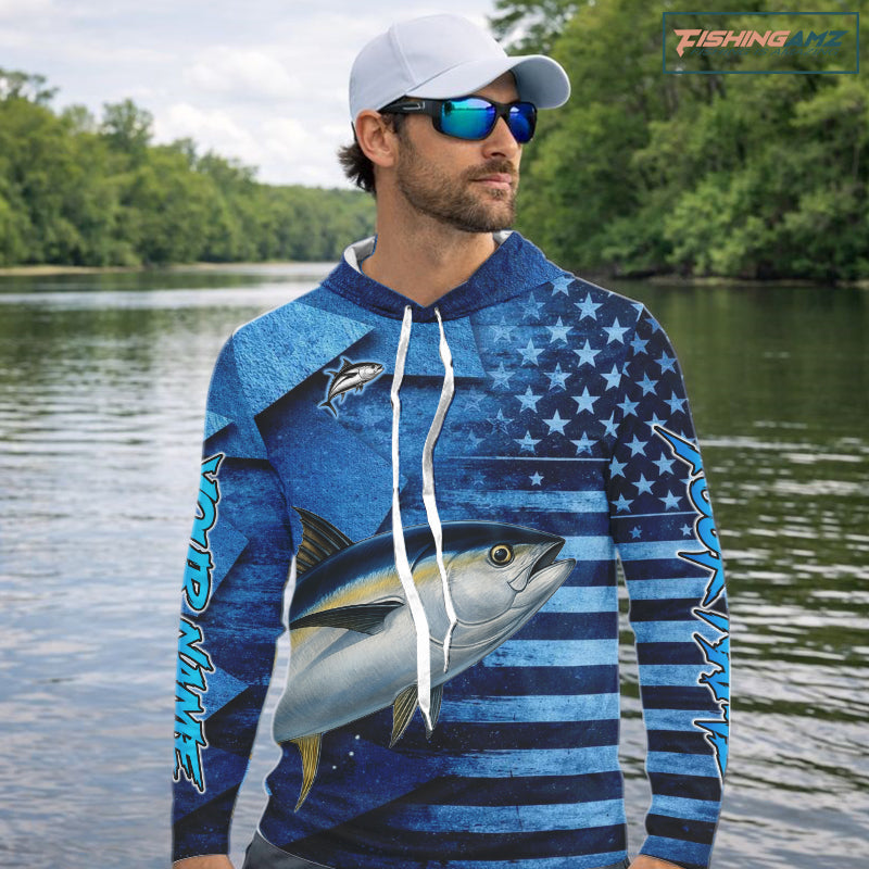 Tuna Fishing Shirts Long Sleeve Hooded With American Flag, Personalized Tuna Fishing Gift For Father Days NHT684