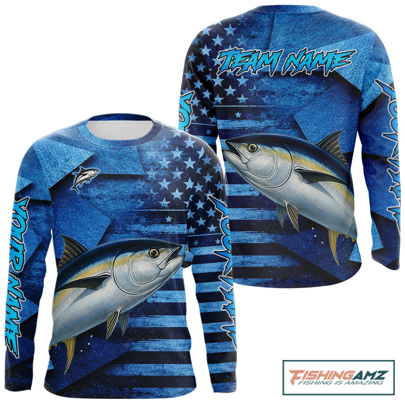 Tuna Fishing Shirts Long Sleeve With American Flag, Personalized Tuna Fishing Gift For Father Days NHT684