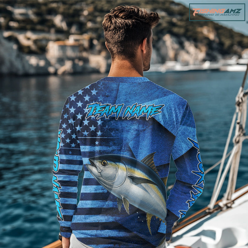 Tuna Fishing Shirts Long Sleeve With American Flag, Personalized Tuna Fishing Gift For Father Days NHT684
