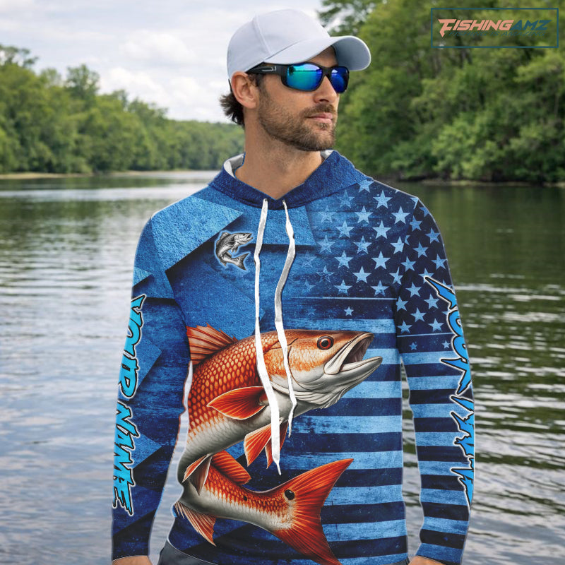 Redfish Fishing Shirts Long Sleeve Hooded With American Flag, Personalized Redfish Fishing Gift For Father Days NHT685