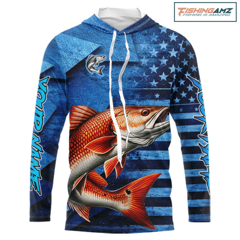 Redfish Fishing Shirts Long Sleeve Hooded With American Flag, Personalized Redfish Fishing Gift For Father Days NHT685