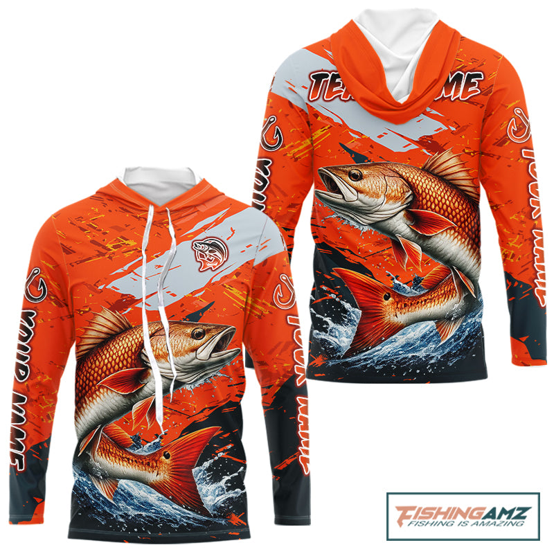 Custom Redfish Fishing Tournament Jerseys, Red Drum Orange Hooded Fishing Shirts Long Sleeve NHT572