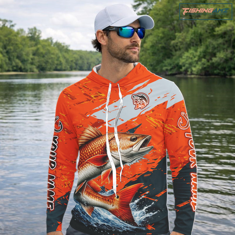 Custom Redfish Fishing Tournament Jerseys, Red Drum Orange Hooded Fishing Shirts Long Sleeve NHT572