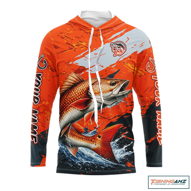 Custom Redfish Fishing Tournament Jerseys, Red Drum Orange Hooded Fishing Shirts Long Sleeve NHT572