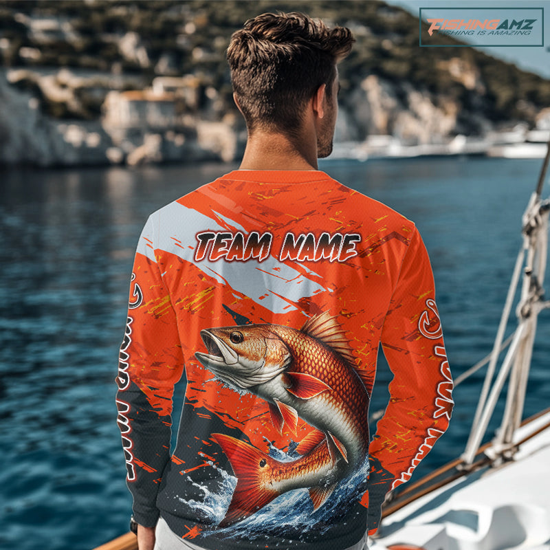 Custom Redfish Fishing Tournament Jerseys, Red Drum Orange Fishing Shirts Long Sleeve  NHT572