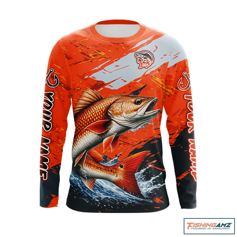 Custom Redfish Fishing Tournament Jerseys, Red Drum Orange Fishing Shirts Long Sleeve  NHT572