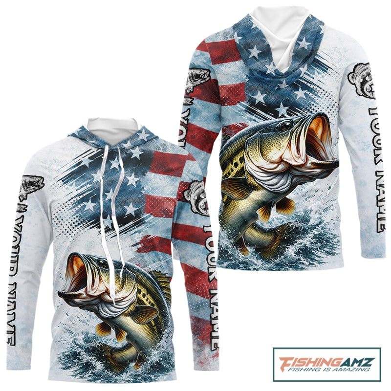 American Flag Custom Bass Long Sleeve Hooded Fishing Shirts, Patriotic Fishing Shirt NBT447