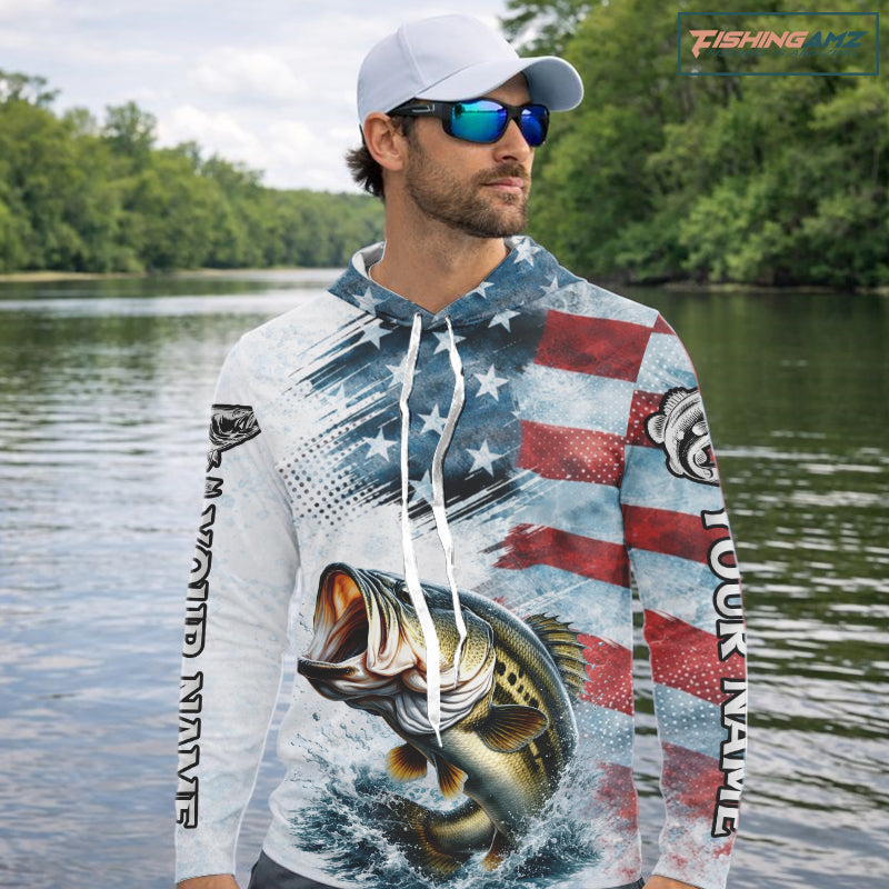 American Flag Custom Bass Long Sleeve Hooded Fishing Shirts, Patriotic Fishing Shirt NBT447