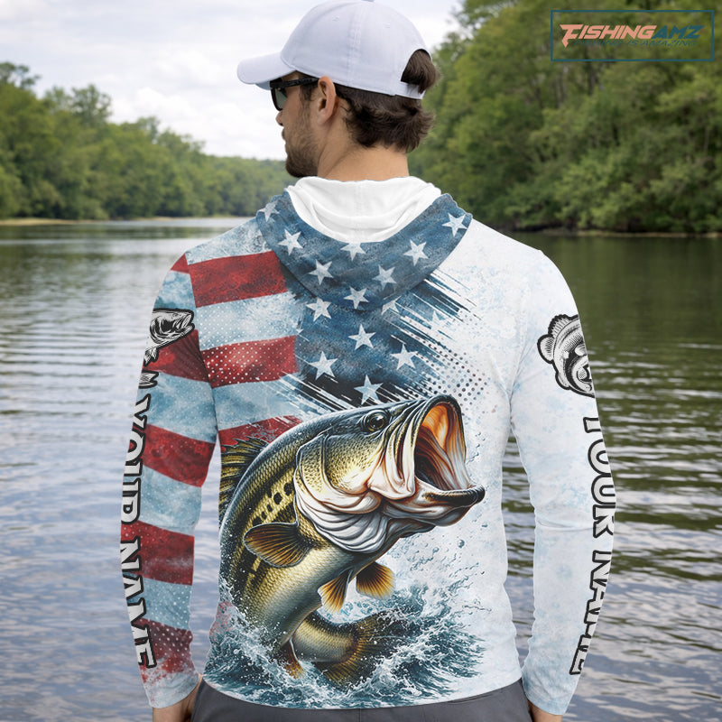 American Flag Custom Bass Long Sleeve Hooded Fishing Shirts, Patriotic Fishing Shirt NBT447
