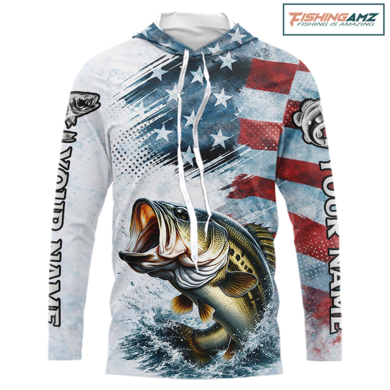 American Flag Custom Bass Long Sleeve Hooded Fishing Shirts, Patriotic Fishing Shirt NBT447