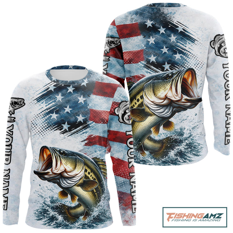 American Flag Custom Bass Fishing Shirts Long Sleeve, Patriotic Fishing Shirt NBT447