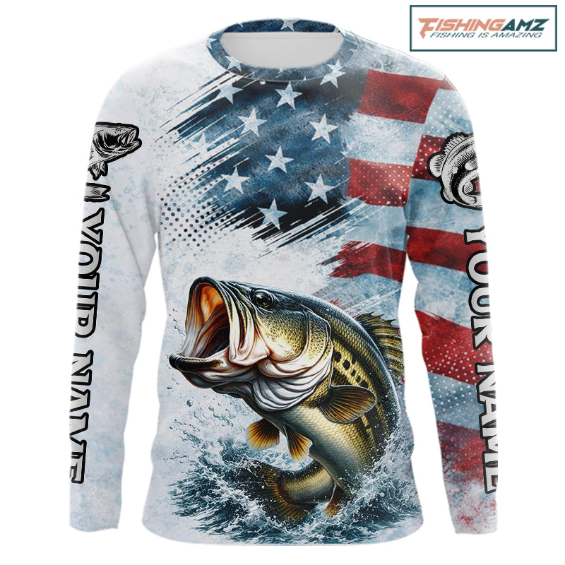 American Flag Custom Bass Fishing Shirts Long Sleeve, Patriotic Fishing Shirt NBT447