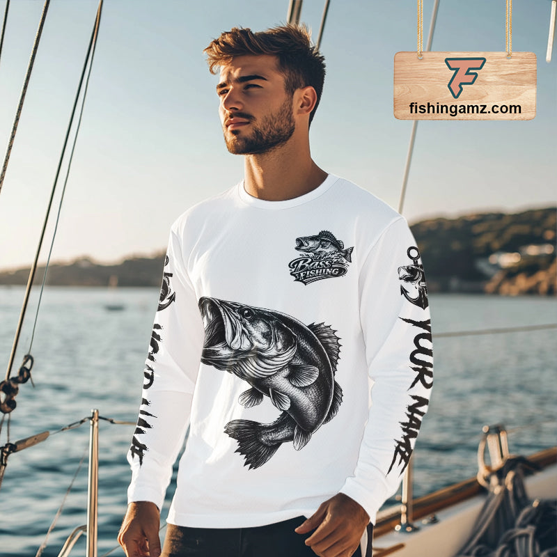 White Bass Fishing Tattoo Custom Fishing Shirts, Bass Fishing Shirts Long Sleeve NBT451
