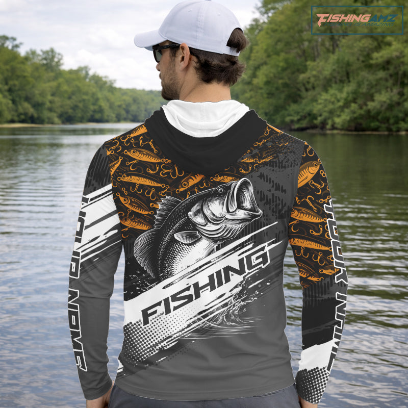 Largemouth Bass Fishing Hood UV Protection Black And Yellow Custom Shirts For Men NBT359