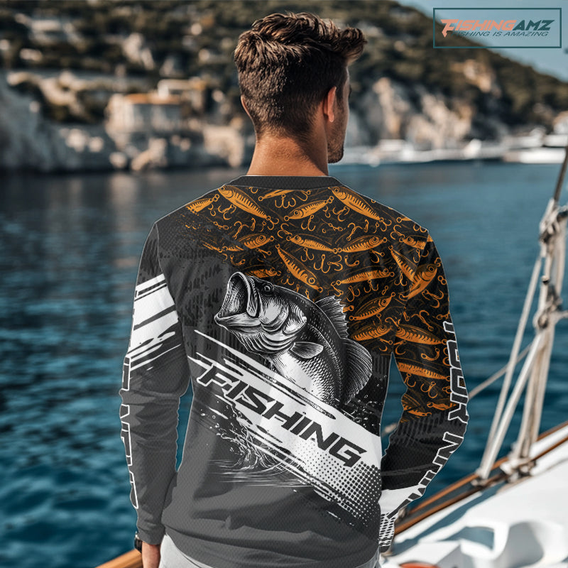 back view of custom bass UPF fishing shirt with long sleeves