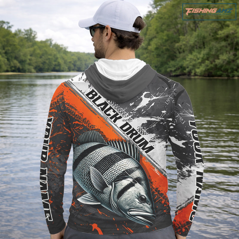 Custom Orange Camo Black Drum Jerseys For Fishing Team Long Sleeve Fishing Shirts NBT457