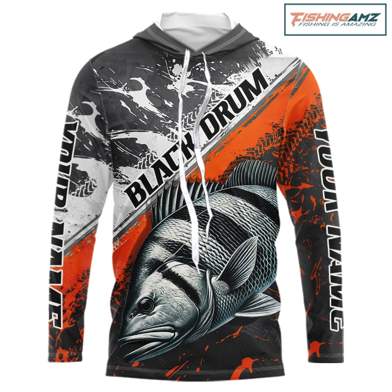Custom Orange Camo Black Drum Jerseys For Fishing Team Long Sleeve Fishing Shirts NBT457