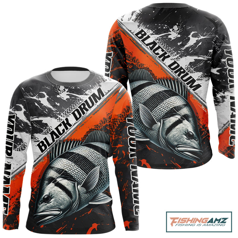 Custom Orange Camo Black Drum Jerseys For Fishing Team Long Sleeve Fishing Shirts NBT457
