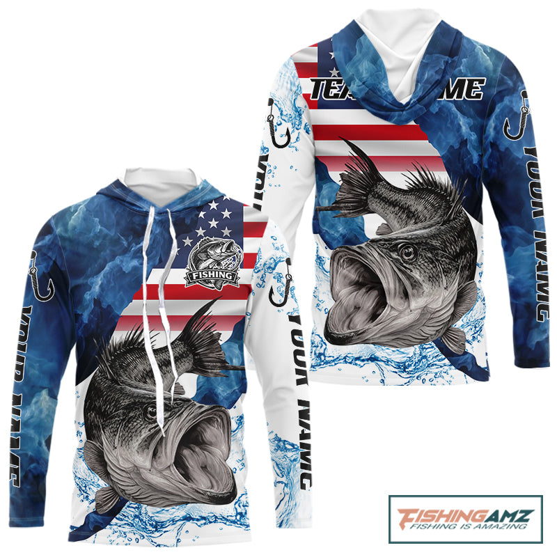 Blue Camo Bass Fishing American Flag Fishing Shirt, Bass Fishing Shirts Long Sleeve NBT458